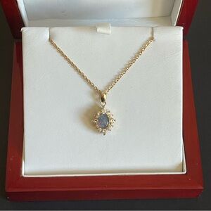 Elegant Lindenwold Gold Necklace with simulated black Opal Pendant.